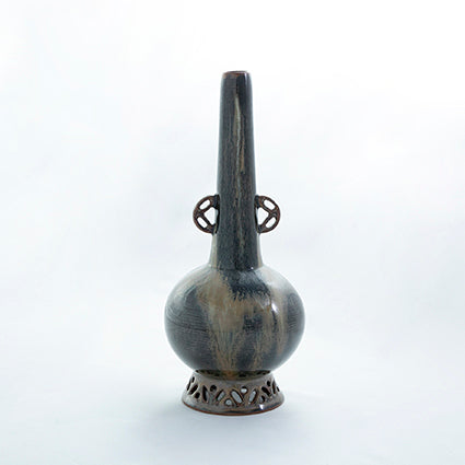 Flower Vase with Takatori Kiyu Pierced Carved High Base and Handle